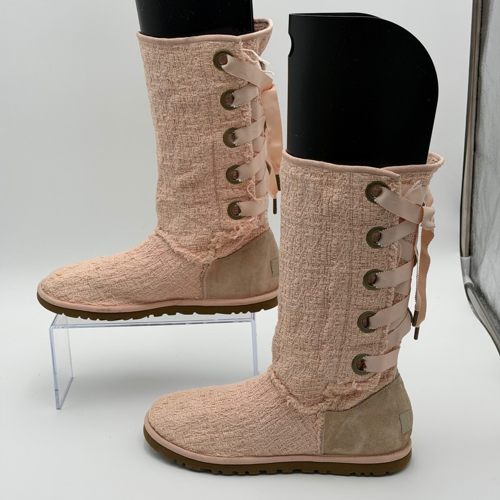 UGG Heirloom Womens 8 Pink Knit Lace Up Mid Calf Boots 1000693 Sheepskin